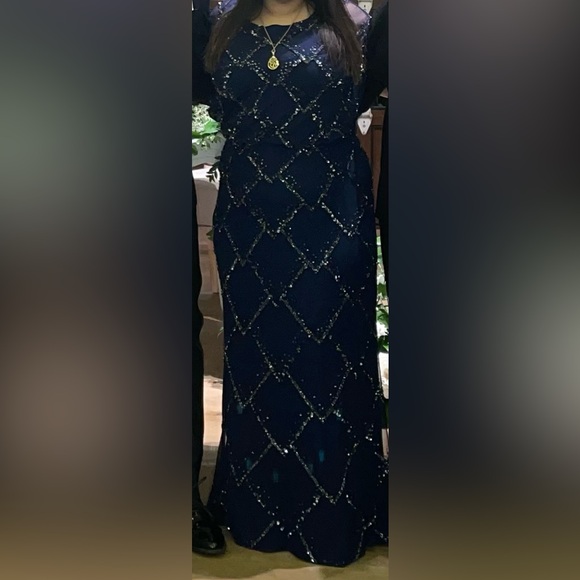 Adrianna Papell HAND-BEADED BLOUSON LONG GOWN WITH FLUTTER SLEEVES IN LIGHT NAVY - Picture 16 of 16